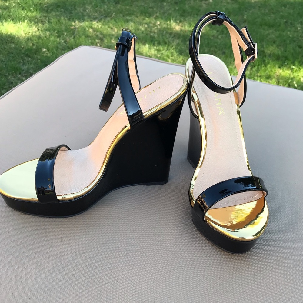 Black Patent and Gold Ankle Strap Wedge by Liliana